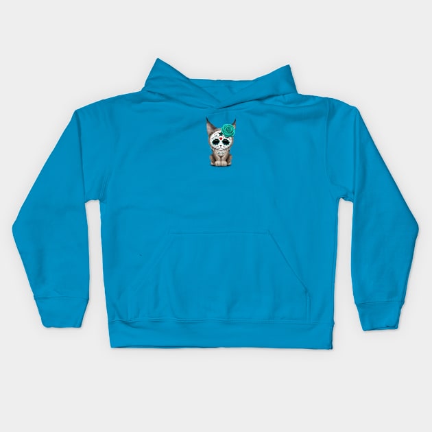 Blue Day of the Dead Sugar Skull Lynx Cub Kids Hoodie by jeffbartels